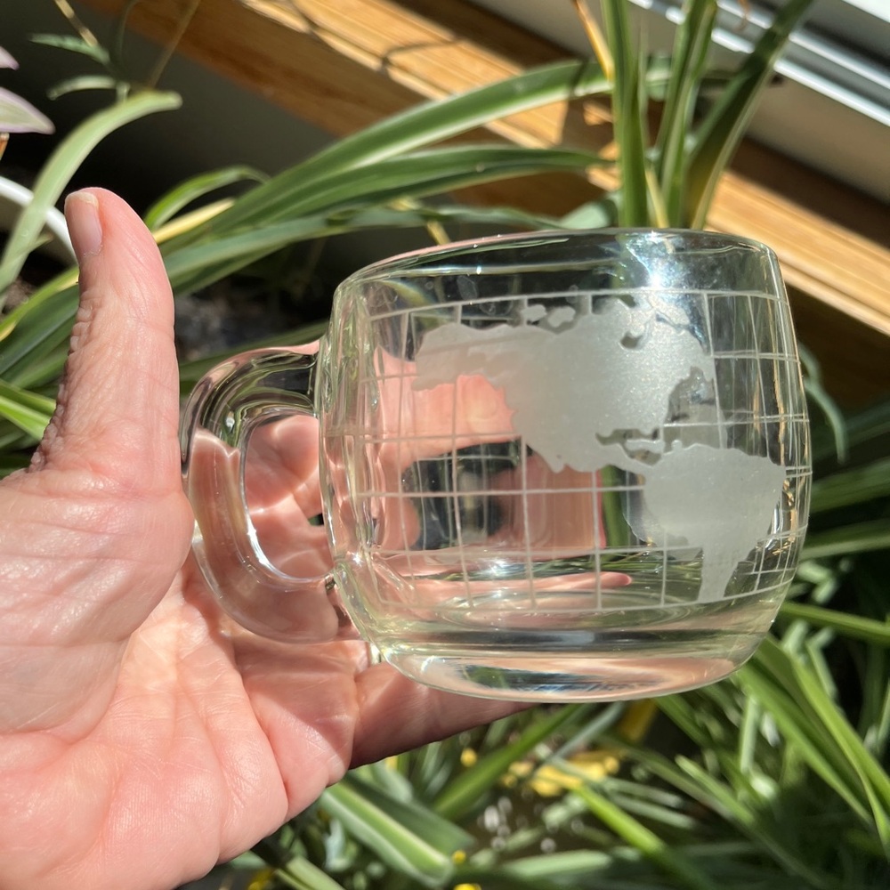 Nestle Nescafe World Map Globe Etched Glass Mug Coffee Cup 1970s Promo Vtg MCM